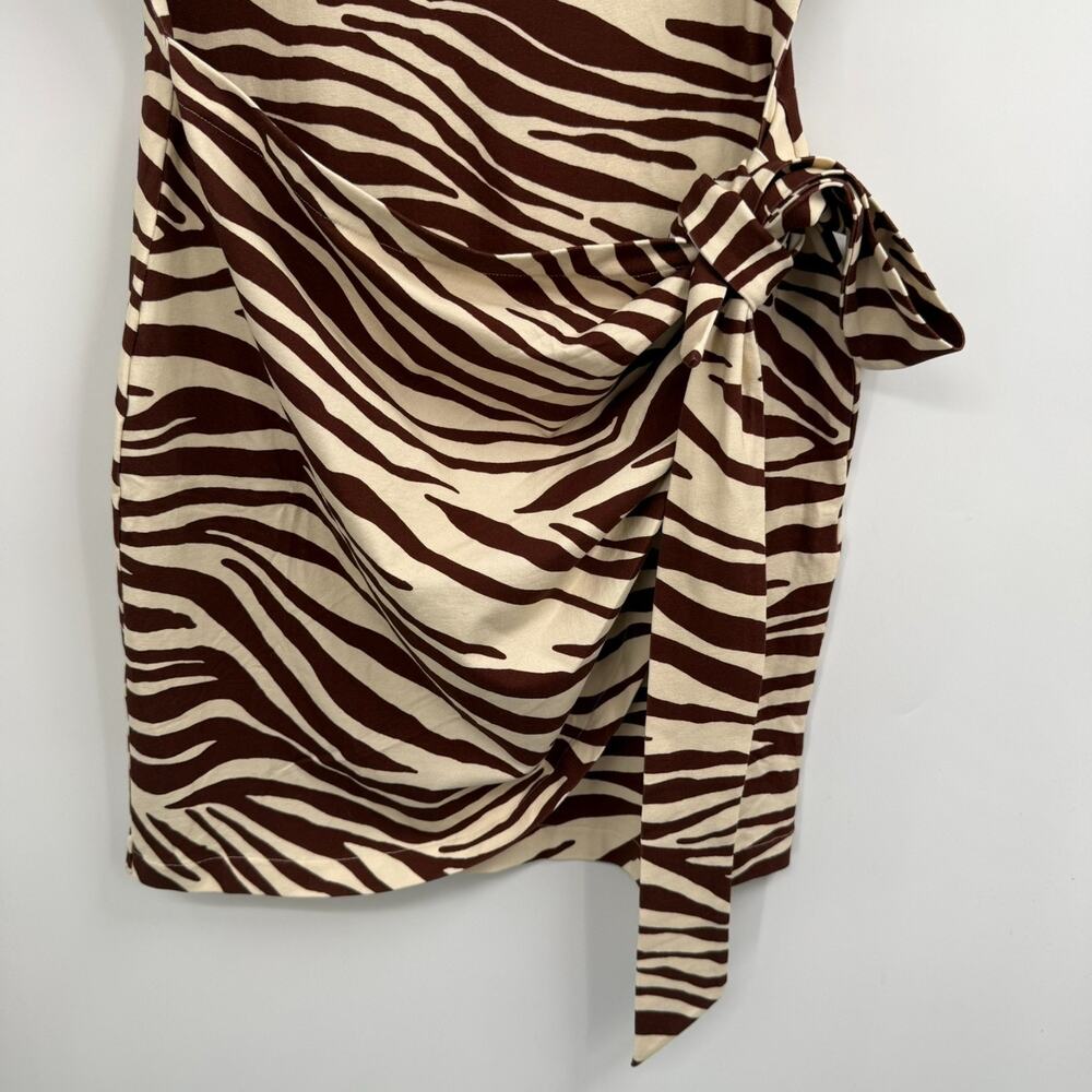 NWT Sezane Sabrina Mini Dress Womens L Brown Cream Zebra Print Tie Waist Stretch - Picture 5 of 10